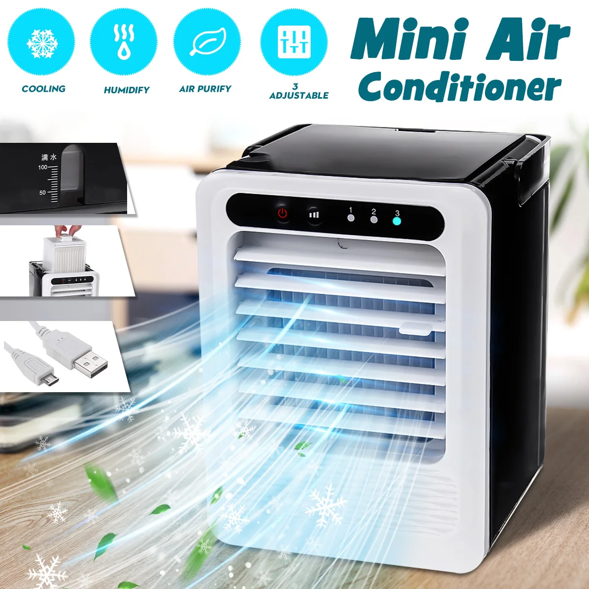 

USB Mini Portable Air Conditioner Desktop Air Cooling Fans Cooler Fan for Office Home 3 Speed Humidifier Purifier