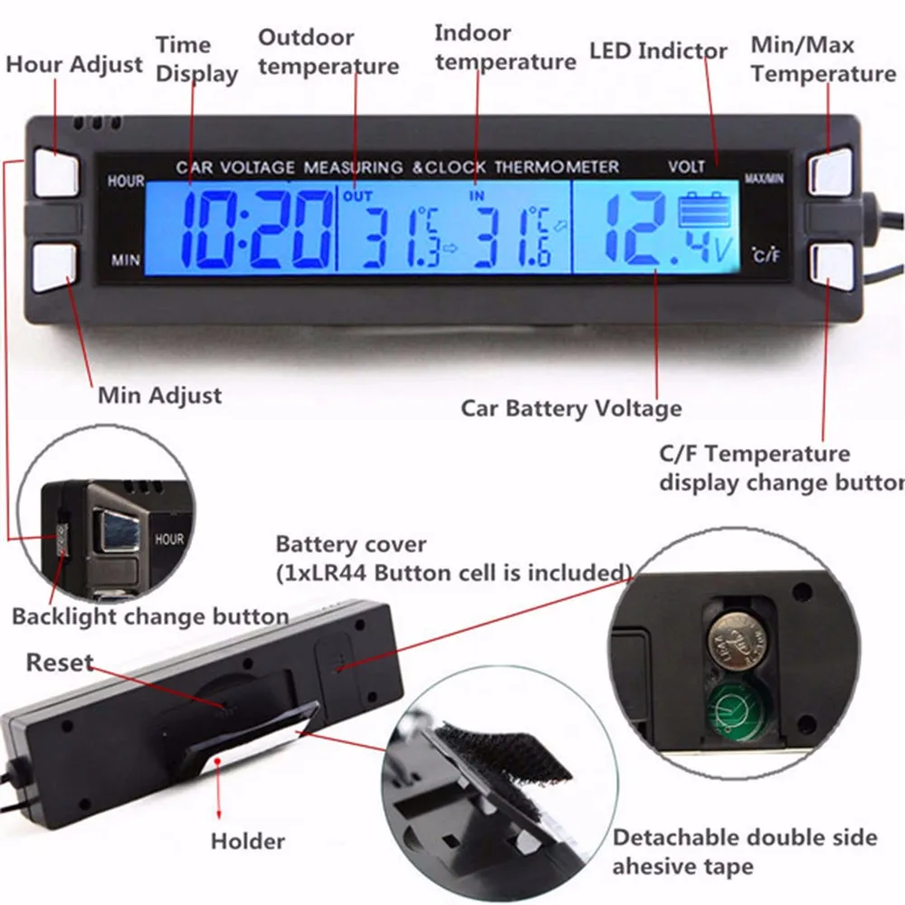 digital display lcd relógio, interior exterior termômetro,