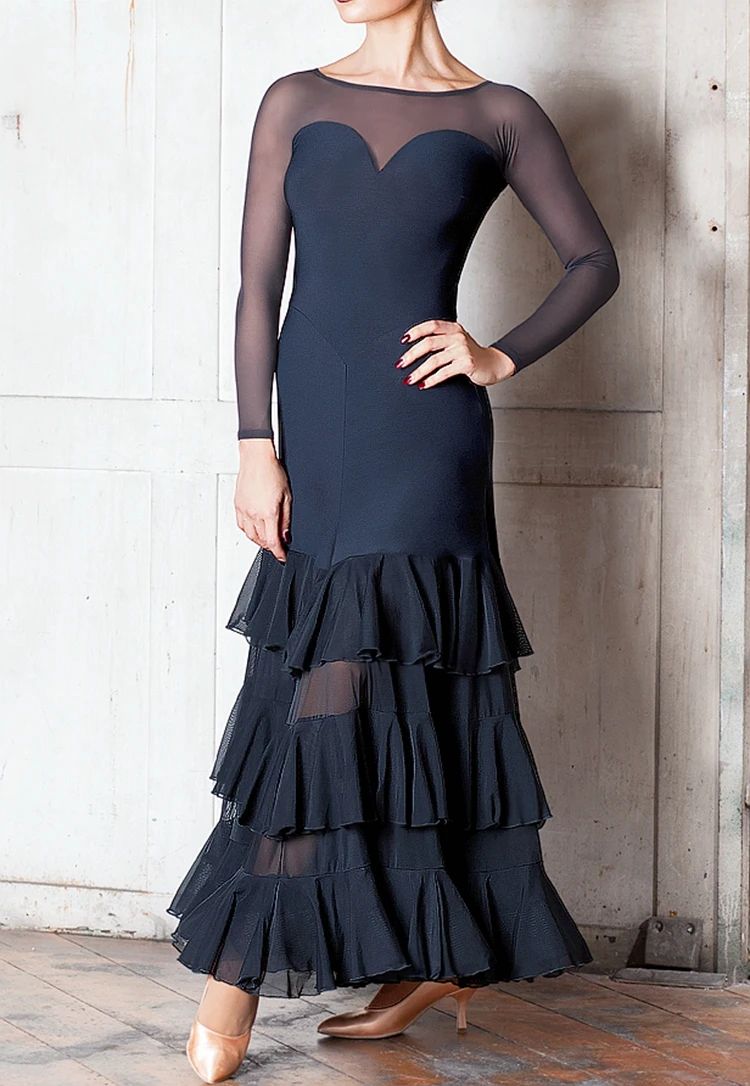Ballroom dance perspective long dress modern dance lotus long sleeve multi layers tower dress W17001 sweet collar