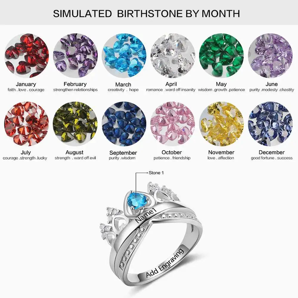 Heart Crown Birthstone Ring 925 Sterling Silver Wedding Rings Engrave Name Anniversary Personalise Gift (JewelOra RI102880)