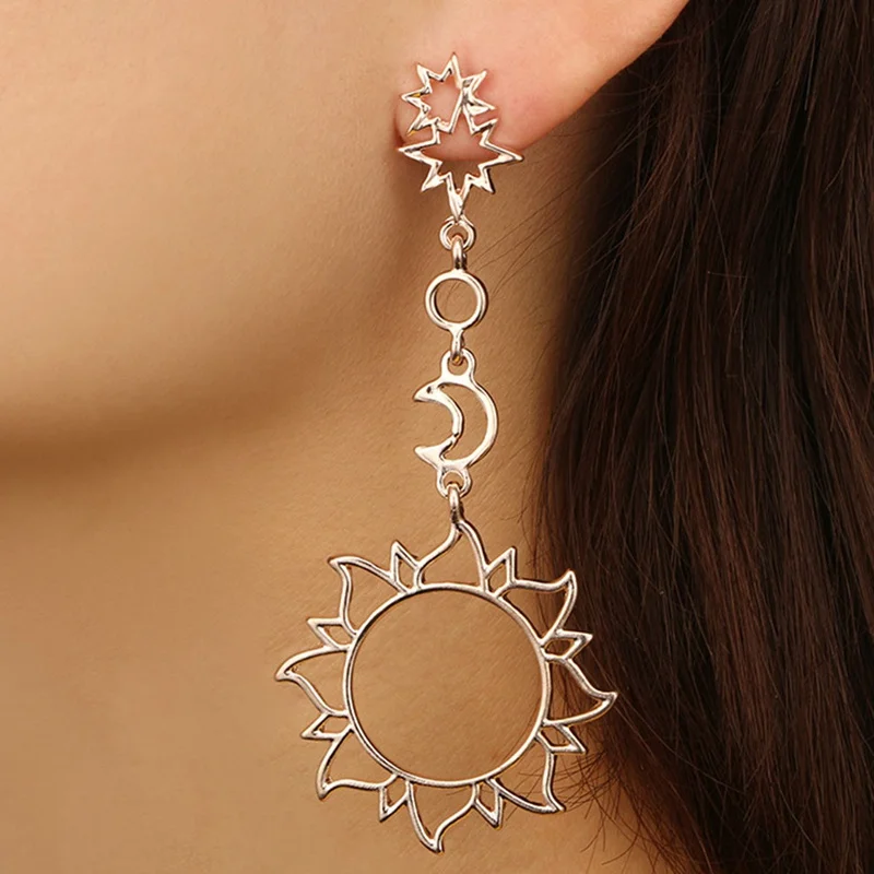 Asymmetrical Earrings Hollow Sun Moon Drop Pendant For Femelle Punk Pendiente Earrings Jewelry Gift