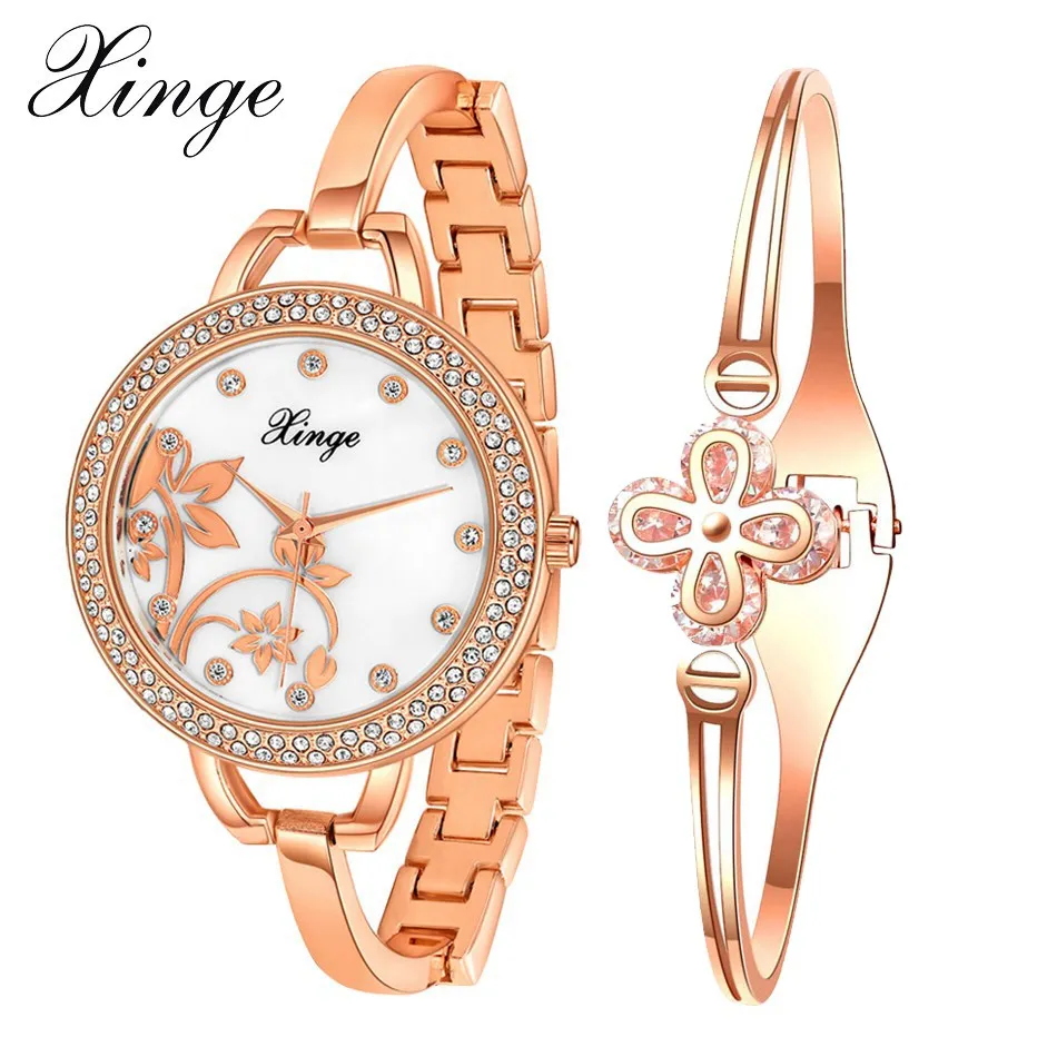 

Xinge Brand Luxury Set Rose Gold Women Flower Rhinestone Watch Crystal Watches Female Quartz Lady Dress Wristwatch XG388