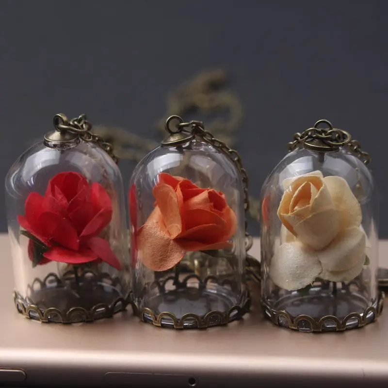 

2017 Hot Style Beauty and the Beast Necklace Rose in Terrarium Pendant His Beauty/Her Beast Valentines Day