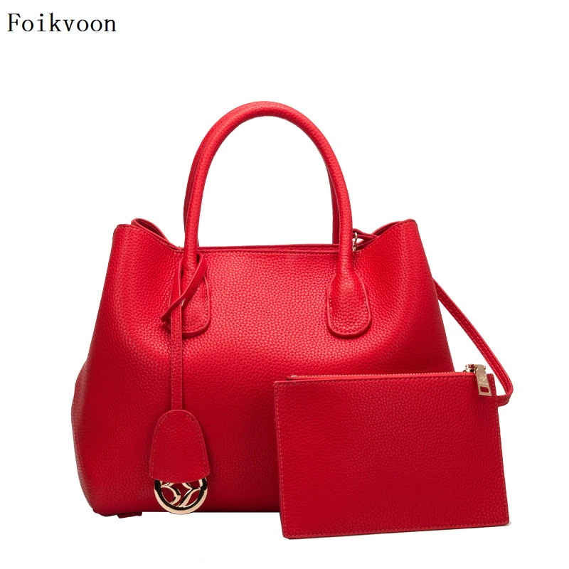 

Foikvoon Women Bag Set Famous Fashion Litchi Profile Women Messenger Bag Casual Cow Split Leather Female Bag