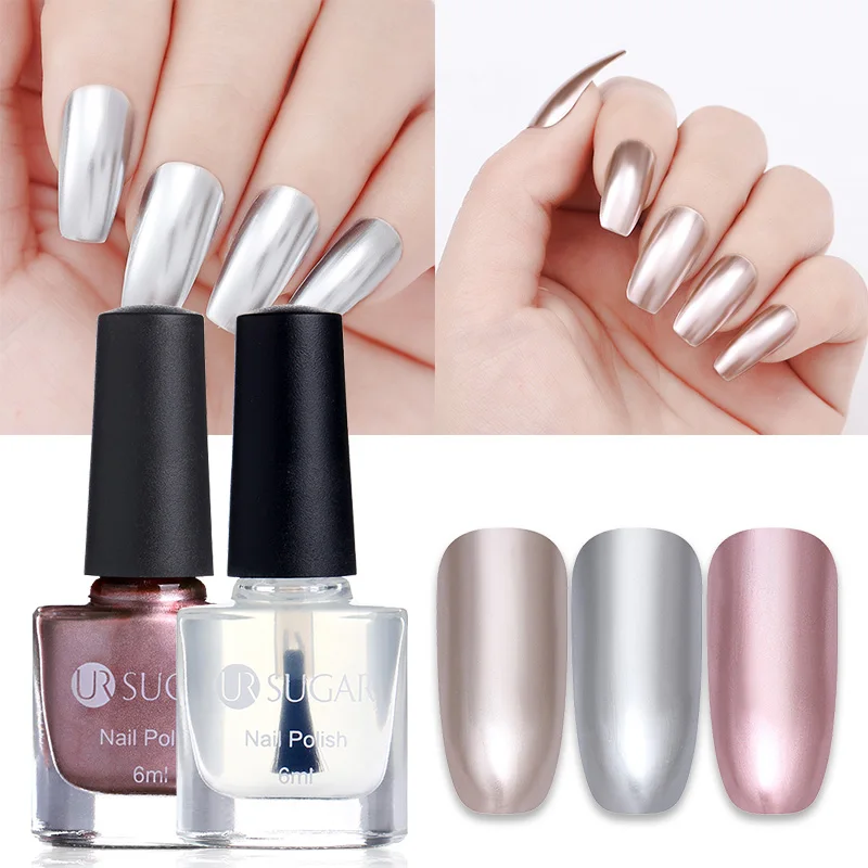 

UR SUGAR Rose Gold Silver Metallic Mirror Nail Polish Mirror Effect Metal Polish Varnish with Base Coat Water Based Nail Lacquer