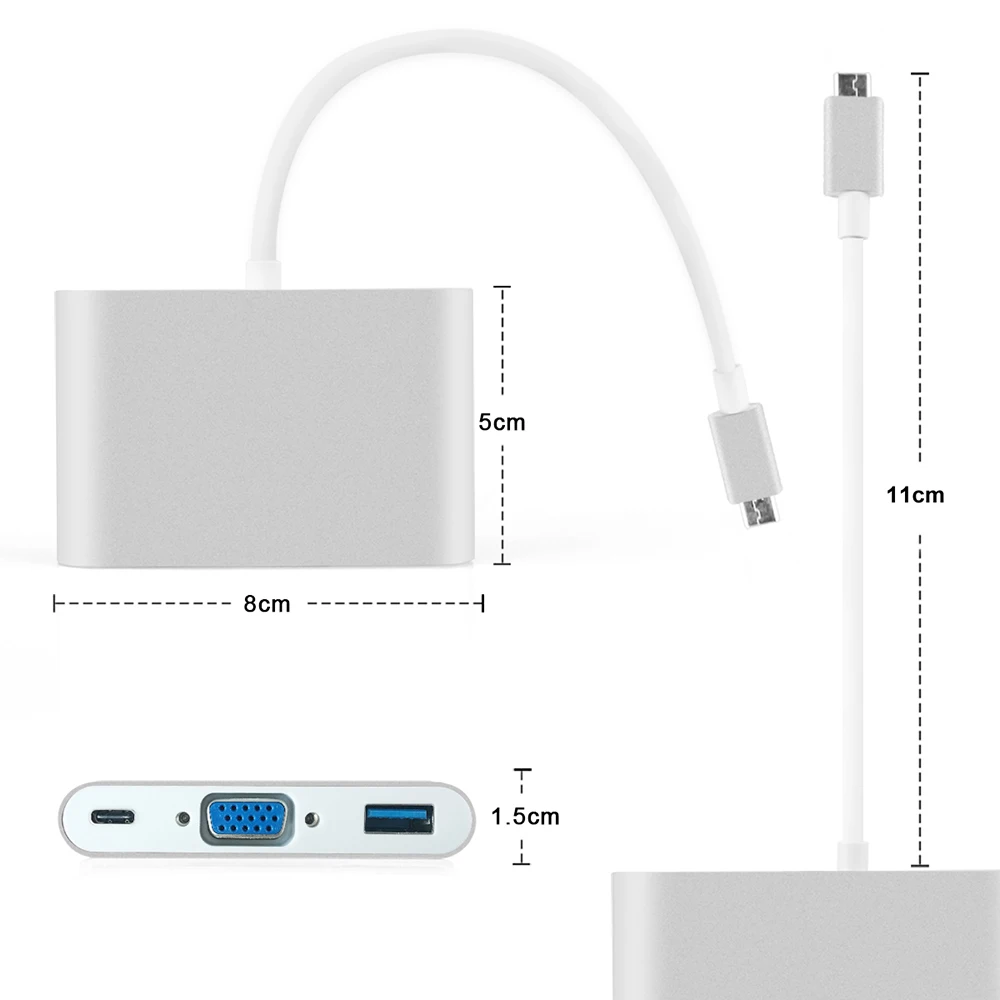 Type C концентратор VGA USB 3,0 разветвитель концентратор USB 3,1 type C VGA Кабель-адаптер для Macbook New Air 13 retina 11 Pro 13 15 16 дюймов