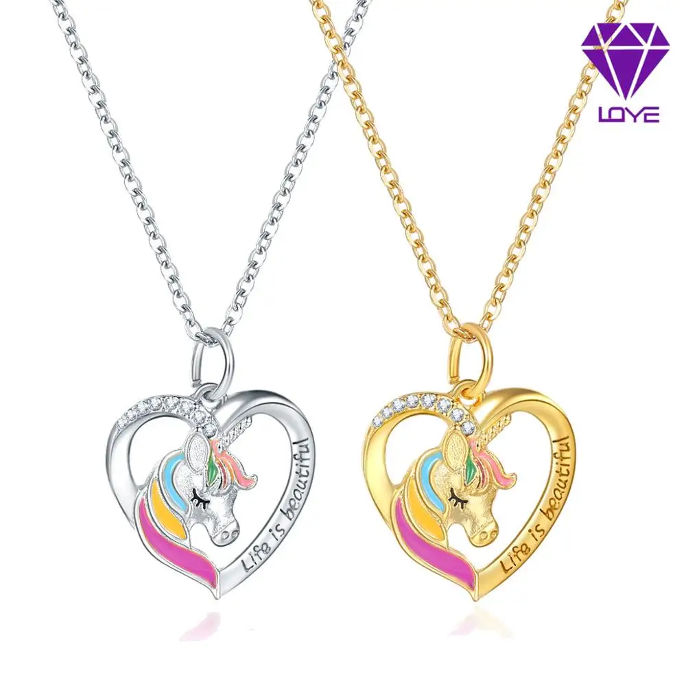 

New Jewelry Color Unicorn Necklace Valentine's Day Children's Day Gift Cartoon Horse Drop Oil Pendant
