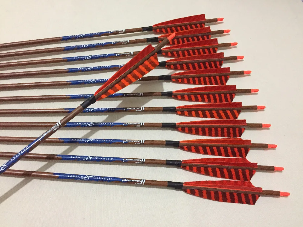 12pcs 30"Wood Skin Carbon arrow spine400 with ith 5" Turkey fletching