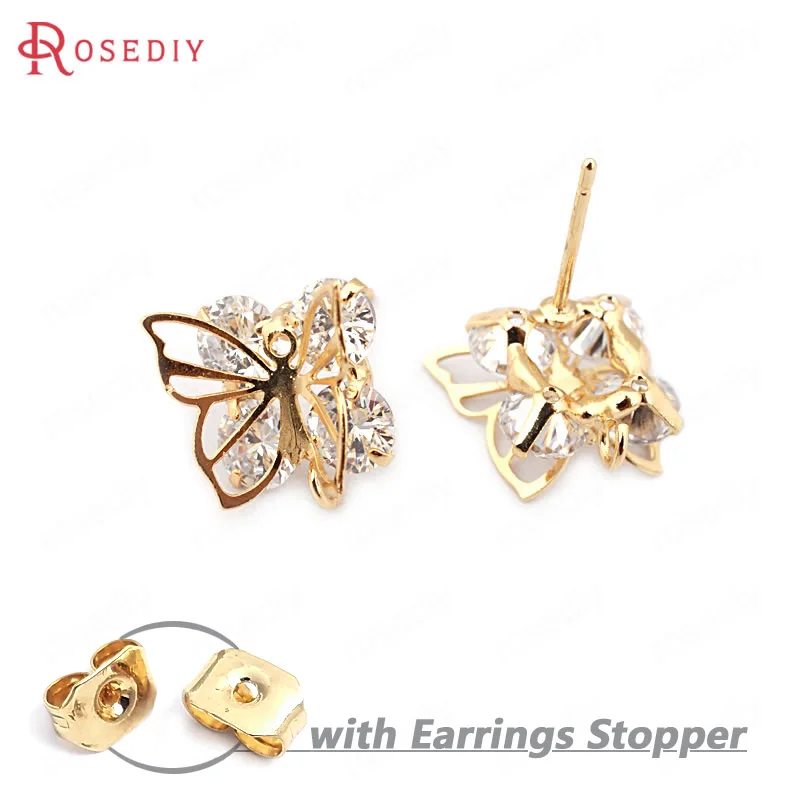 

(33735)4PCS 13*11MM 24K Gold Color Brass with Zircon Butterfly Stud Earrings Pins High Quality Diy Jewelry Findings Accessories