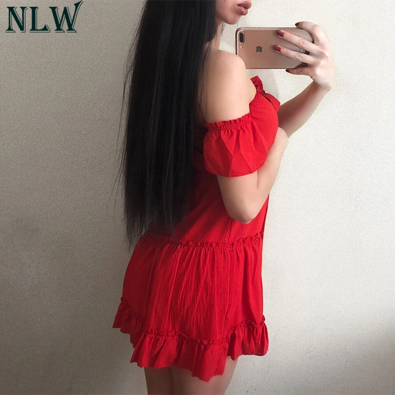 NLW женское красное летнее платье с рюшами Vestidos 2019 открытыми плечами открытой