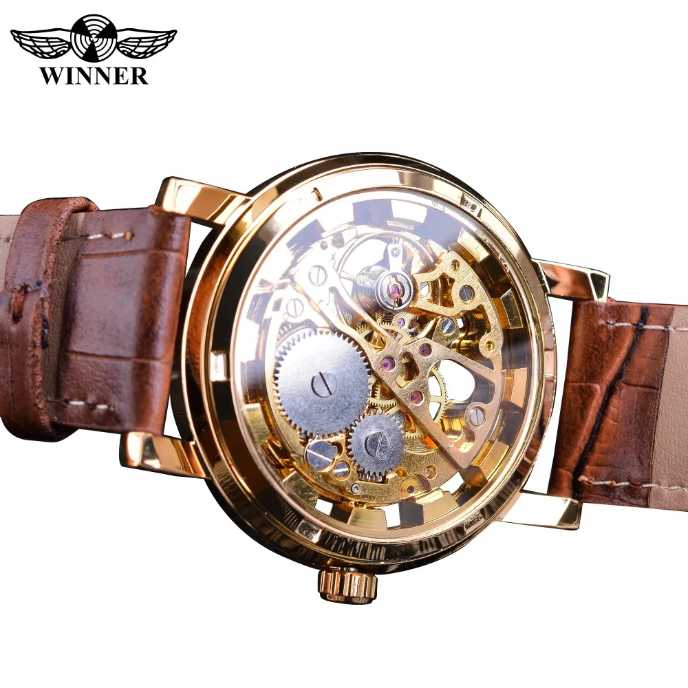 Лидирующий бренд победитель прозрачный золотой чехол Роскошные повседневное дизайн коричневые кожаные мужские часы на ремне Роскошные Механические