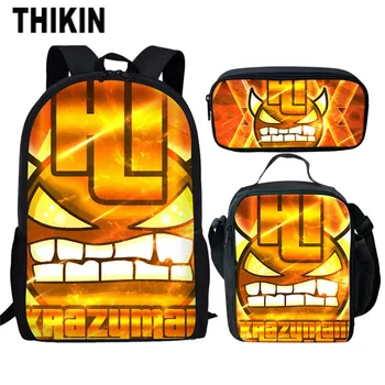 

THIKIN School Bag Set Cartoon Geometry Dash Printing Kids Backpack Children Book Bag Shoulder Bag for Teenage Girls Backpack