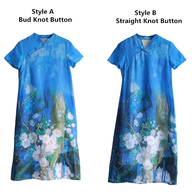 LZJN Women's Summer Dresses Flax Linen Cheongsam Qipao Collar Chinese Style Royal Blue Long Dress (8)