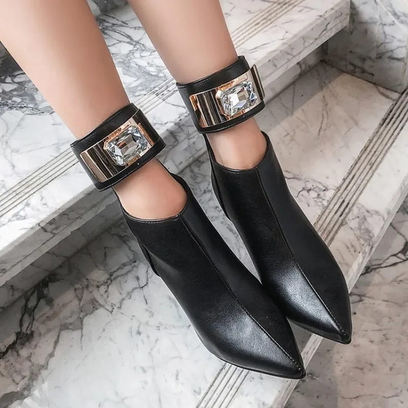 

US4-11 Women Pointed Toe Diamond Ankle Boots Snake Pattern Ankle Belt Buckle Metal Sheet Stilettos High Heel Shoes Black Warm