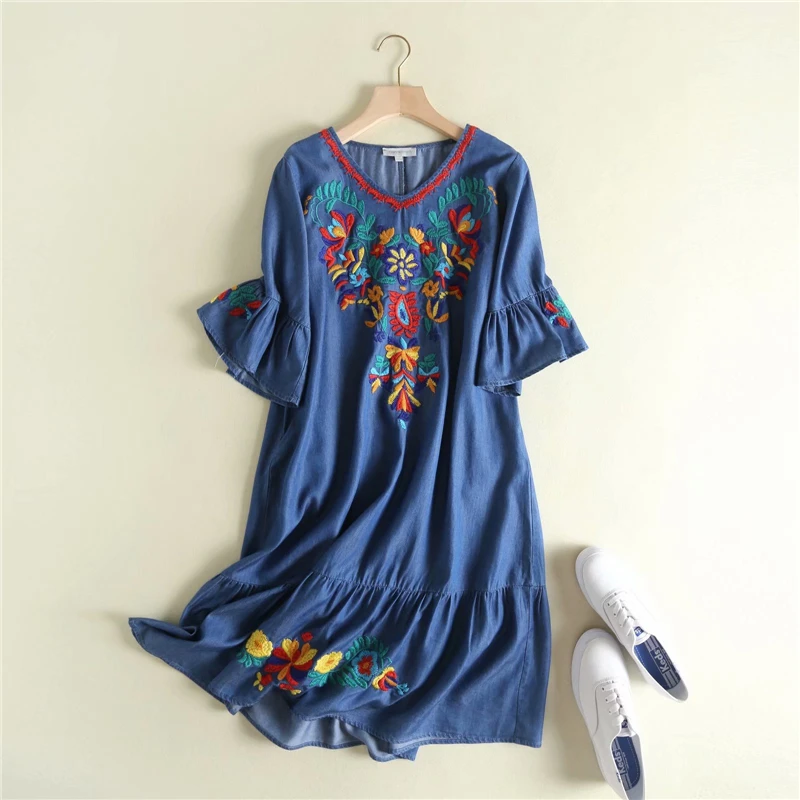 Vintage chic women floral embroidery beach Bohemian midi dress Ladies short sleeve v-neck denim Boho vestidos