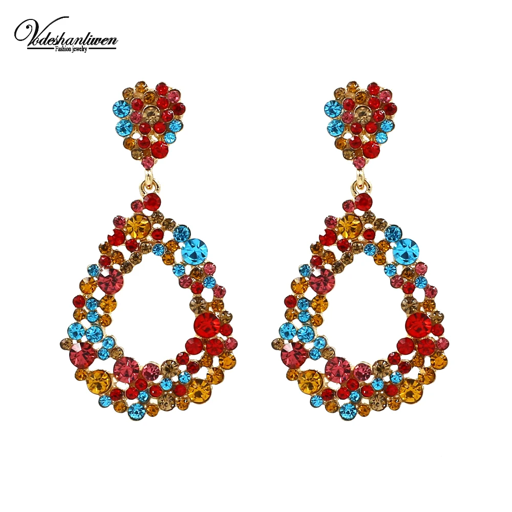 

Vodeshanliwen New Colours Rhinestone Water Drop Earrings For Women Fashion Crystal Statement Big Earrings Wedding Jewelry Gift