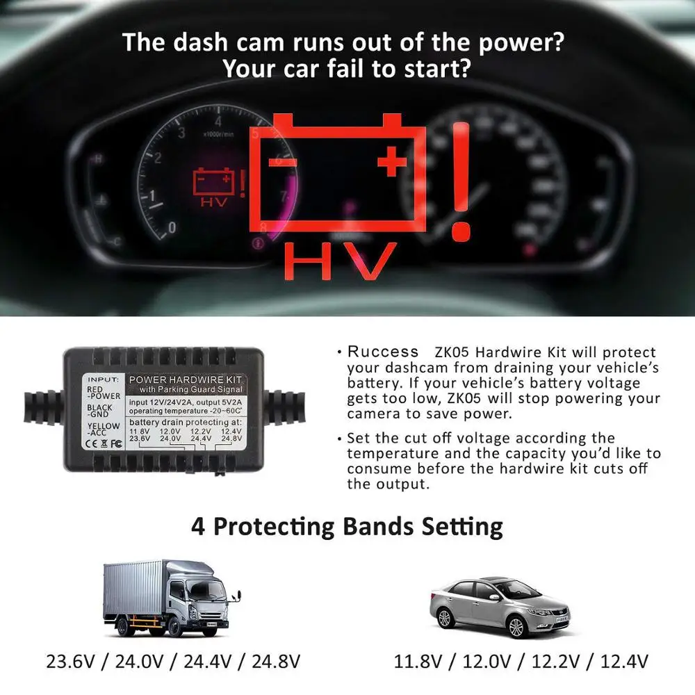 Цена Ruccess Hardwire Комплект Мини Micro font b USB b font DVR адаптер питания DC 12 В 24 В до 5 В 2A жесткий провод комплект для видеорегистратора Автомобильный видеорегистрат...