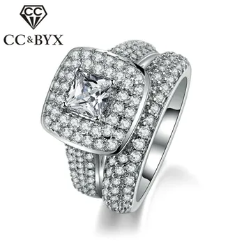 

CC 925 Silver Rings For Women Engagement Ringen Bridal Wedding Jewelry White Gold-Color Double Square Stone Bijoux Femme CC1243