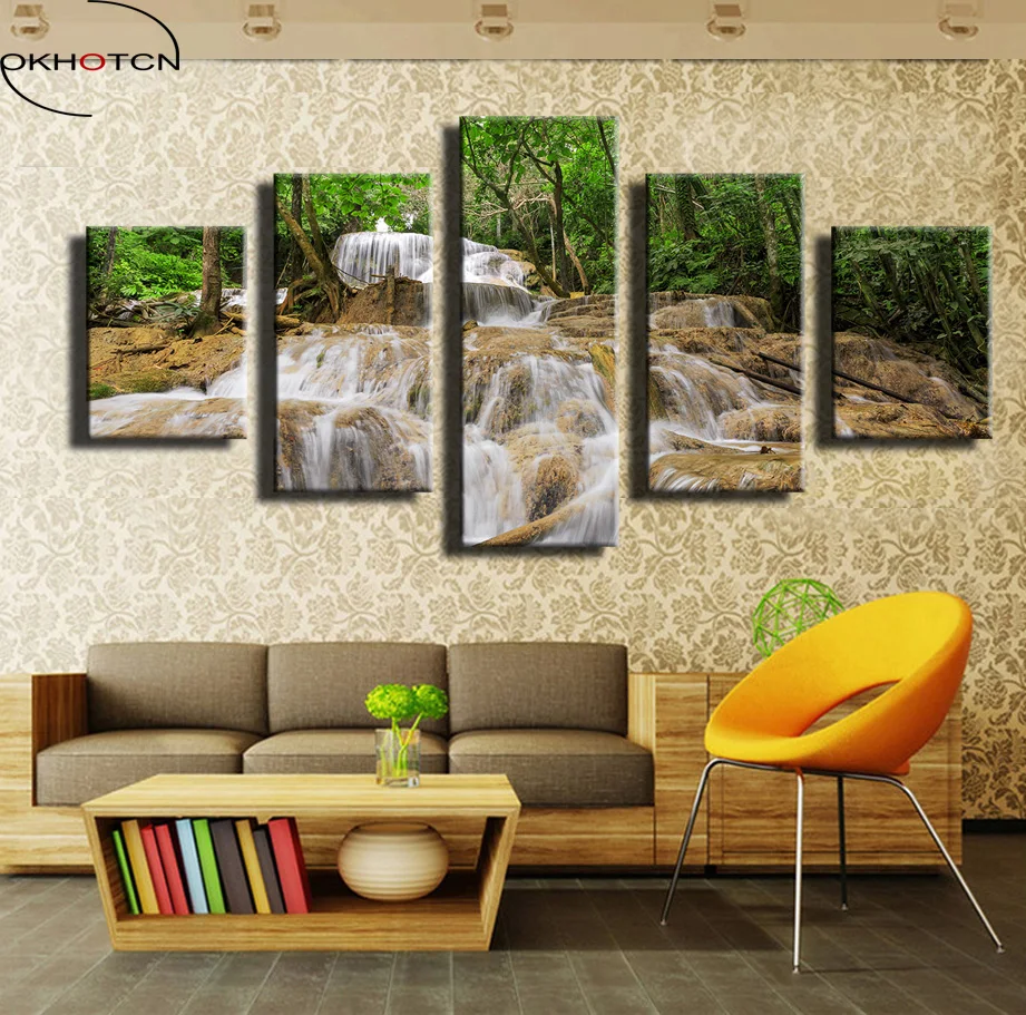 OKHOTCN 5Panels Landscape Waterfall & Forest Scenery Framed Wall Art