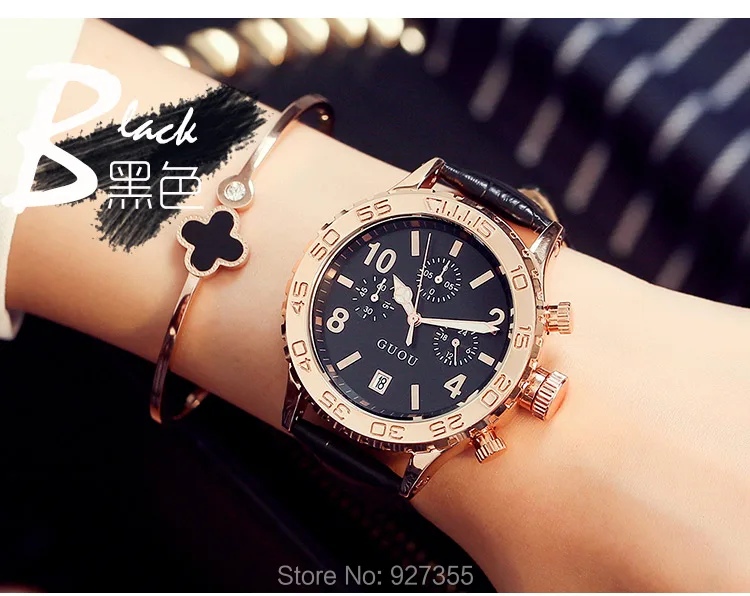 Новые Часы GUOU Модные женские Розовое золото роскошный кожаный ремешок календарные кварцевые часы шестиконтактный большой циферблат многофункциональные часы