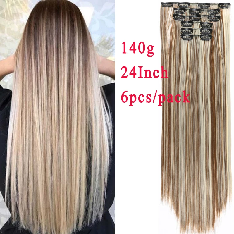 MISS WIG 60cm Long Straight Clip in Hair Extensions Black Brown 6pce/set 16 clip in High Hair Piece Tempreture Synthetic