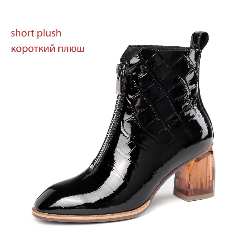 ISNOM Emboss/ботинки из коровьей кожи; женские ботильоны с квадратным носком; женская обувь на высоком каблуке; женские вечерние ботинки на молнии; Сезон Зима; - Цвет: black  short plush