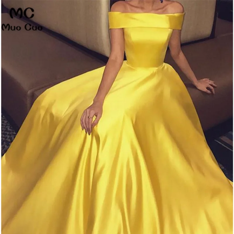 

2018 Beatue Off Shoulder Evening Dresses with Pockets Short Sleeve Sweep Train A-Line Yellow Satin Formal Evening Party Dresses