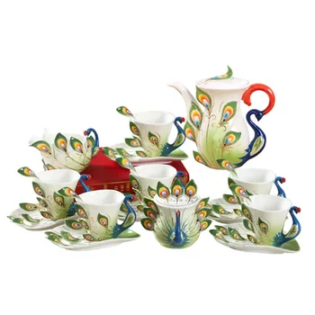 

21 Pieces Ceramic Enamel Peacock Coffee Set European Bone China Pot Mug Milk Pot and Sugar Cans