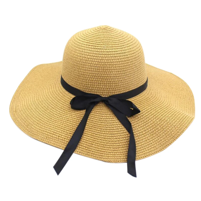 

Spring And Summer Hand-Woven Big Brim Straw Hat Small Fresh Print Seaside Holiday Ribbon Bow Beach Hat Visor Hat