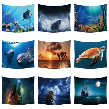 

Turtles Dolphin Blue Sea Animals Fish Sailing Ocean Steamship Tapestry Wall Hanging Home Decor Living Room Beach Towel Tapestr