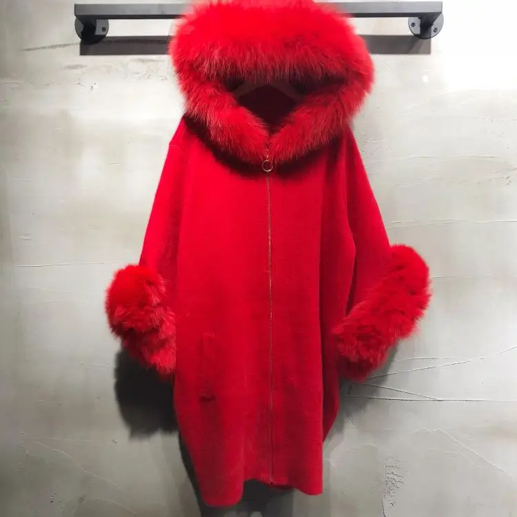 Женский вязаный норковый кашемировый свитер с большим рукавом из лисьего меха с капюшоном из лисьего меха, Дамская мода, пальто с рукавом летучая мышь на молнии - Цвет: Красный
