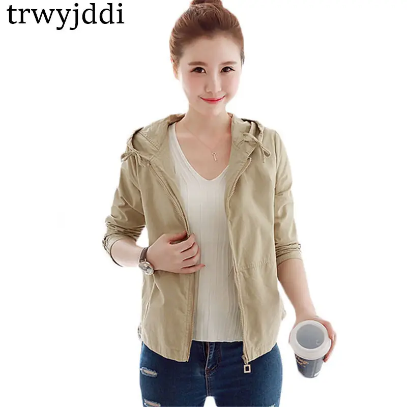 

2019 Spring Autumn New Women Hooded Cotton Jacket Coat College Wind Long Sleeve Solid Color Top Short Windbreaker Female hl391