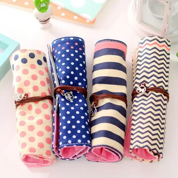 AB48 1X Cute Canvas Dots Striped Pencil Case Rolling Bandage Pen Bag School Office Supplies Stationery