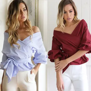 

Front Cross Deep V Neck Fashion Women Summer Autumn Blouses Bow Belt Slim Top Half Sleeve Blouse Ladies Casual Tops Shirt