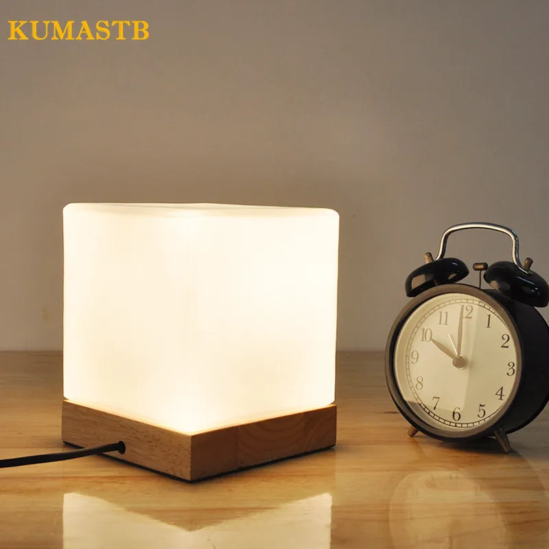 

Square Wood Base Table Lamp LED Bedroom Bedside Light Study Desk Lamp Living Room Wood Night Light