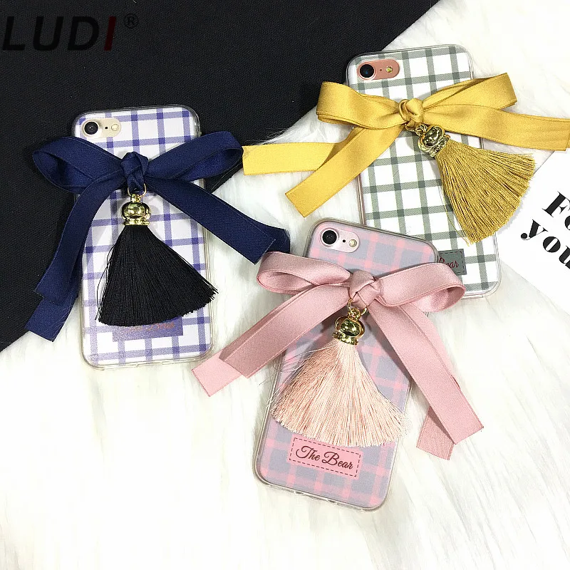 Чехол для телефона LUDI с милым бантом и лентами кисточками в клетку iPhone X 8 7 plus