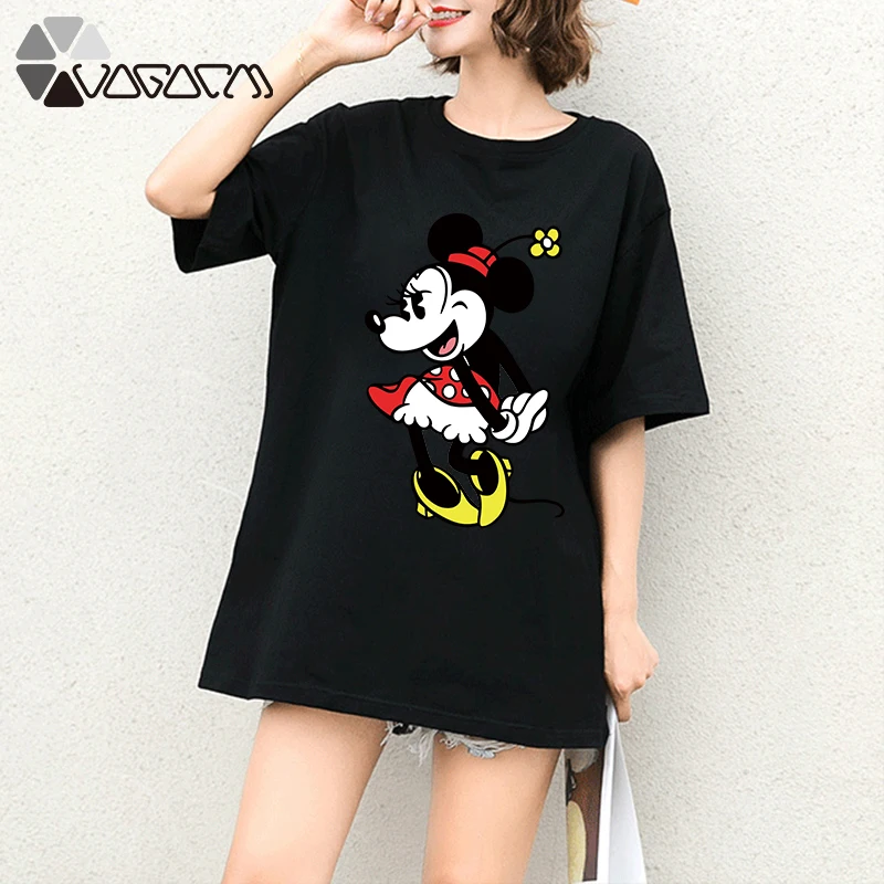 

Summer Clothes Women Minnie Mickey Mouse Print Tops Tee Short Sleeve Black White Fashion Loose Cartoon Friends T Shirts Mickey