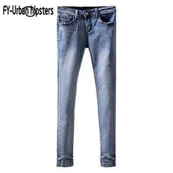 

2018 Female Ankle length Women Pencil jeans Solid Slim Stretch Rivet Fashion denim Pants casual thin jeans woman elastic waist