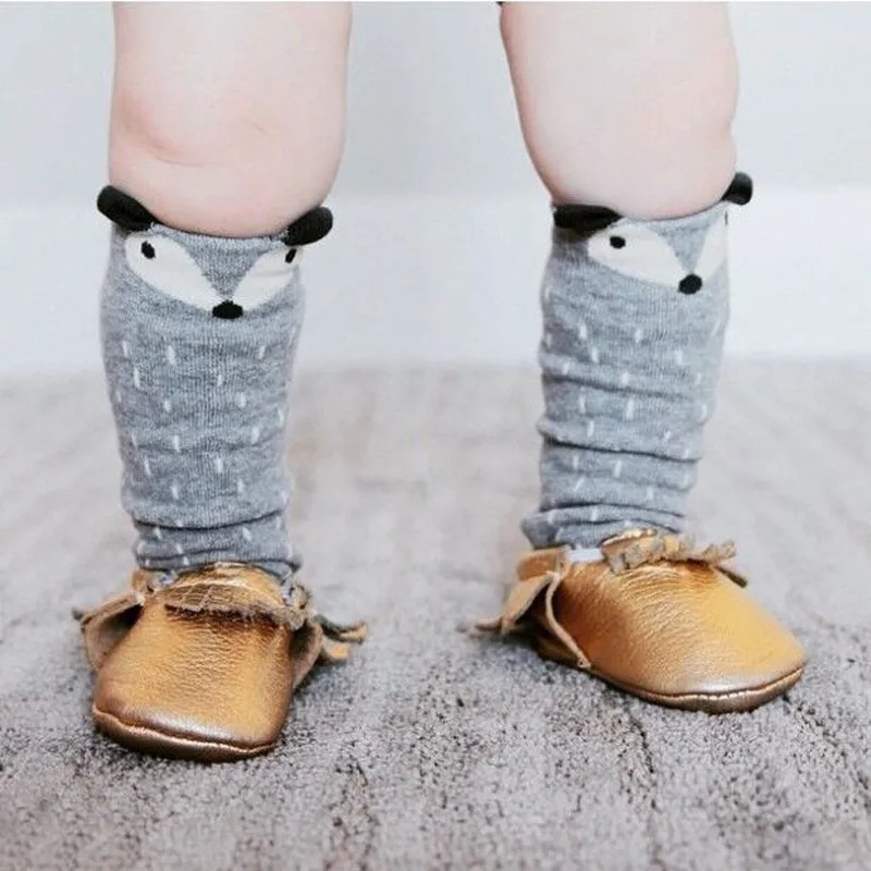 Детские носки для маленьких девочек мягкие хлопковые Гольфы с бантиком и лентой для мальчиков и девочек, детские носки для малышей длинные детские носки с изображением лисы - Цвет: Fox Gray Socks