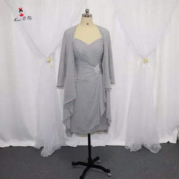 

New Plus Size Gray Mother of the Groom Dresses Knee Length Evening Dress Vestido Mae da Noiva Chiffon Pant Suits Wedding Lace