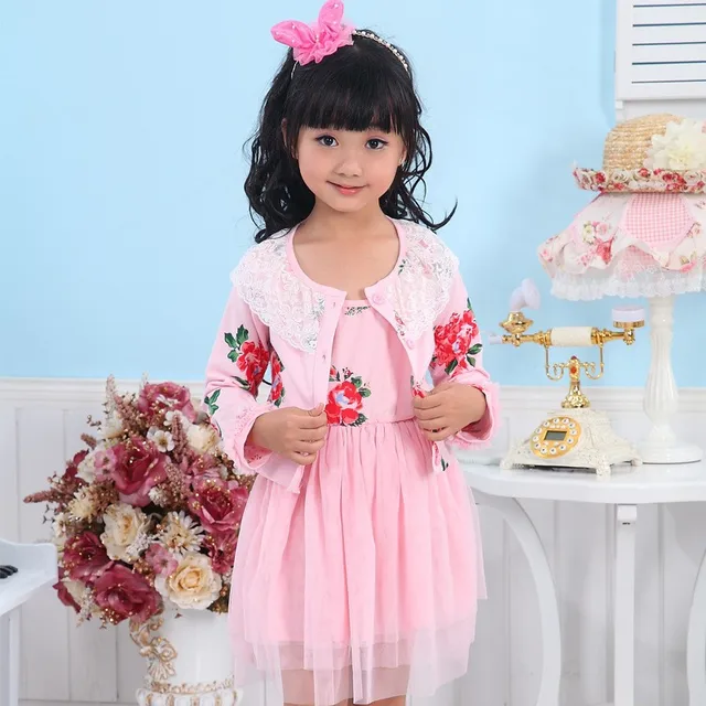 2016 Spring New Lace Long Sleeve Girl Dress Two Sets,Cotton Baby Girls