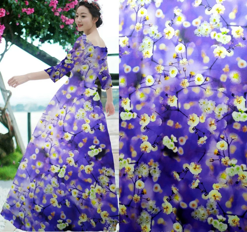 

Telas Super Have 19 Momme Designer blue flowers Print Satin Fabric japan Woven Material Curtain Cloth Dress Silk stretch Fabric