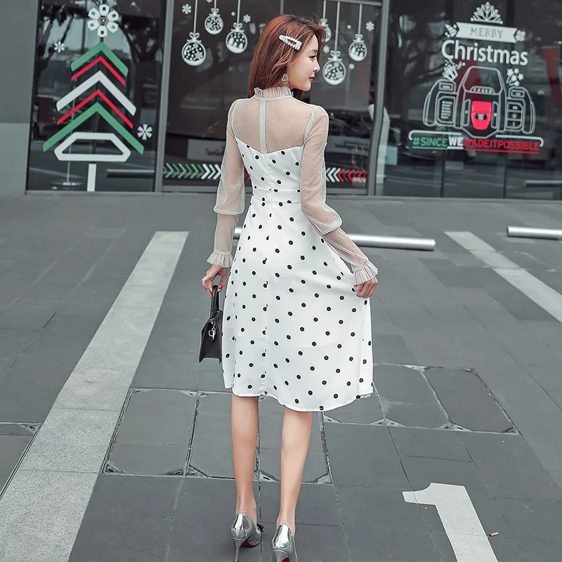 JIBAIYI Summer Transparent Mesh Midi Sexy Dress Women Petal Sleeve Elegant Black Dot Patchwork Sundress Ruffle Collar Vestidos JIBAIYI Summer Transparent Mesh Midi Sexy Dress Women Petal Sleeve Elegant Black Dot Patchwork Sundress Ruffle Collar Vestidos