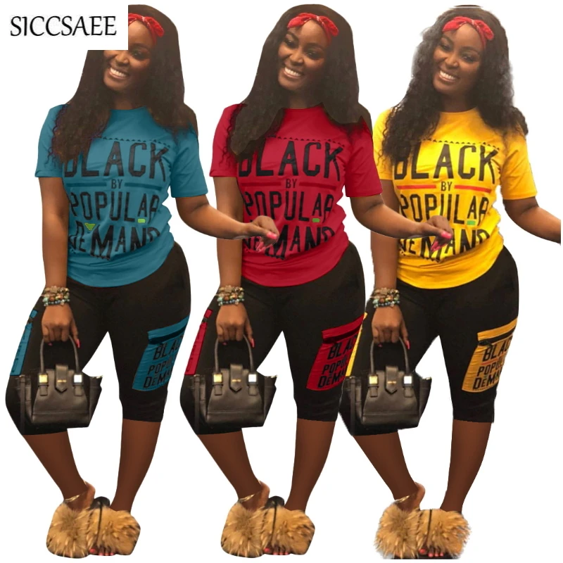 

Letter Printed Two Piece Set Short Sleeve Tee Knee Length Pants Plus Size Clothing Sweat Suit Sexy Casual Playsuits Streetwear