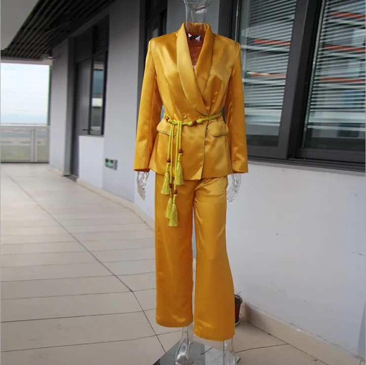 

2019 Caltwalk Fashion Autumn Women Long sleeve Turn Down Satin Luxury Coat + Full Lenght Wide Leg Pant 2 Pieces Set Suit