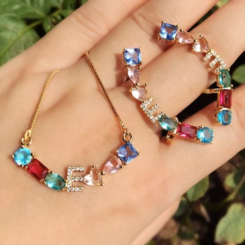 

Multicolor Clear Crystal Gold Color Letter Stud Earrings Pendant Necklaces Jewelry Sets For Women cz Ear cuff Wedding Bridal Set