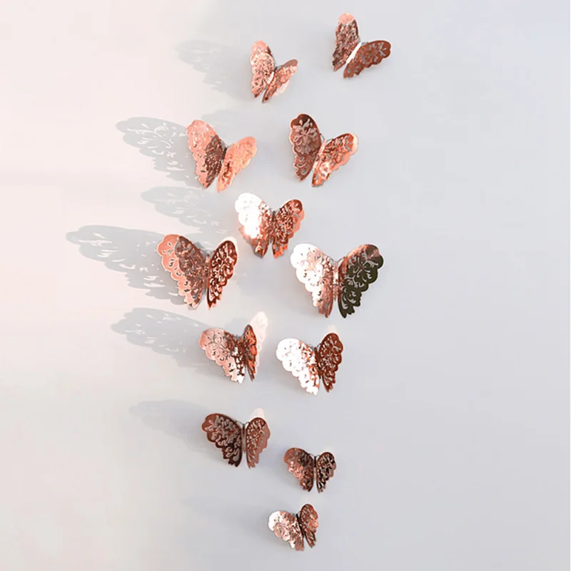 12 шт 3D полый стикер на стену с бабочкой для украшения дома DIY стикер на стену s для детских комнат вечерние, свадебные, декор бабочка на холодильник - Цвет: rose gold1