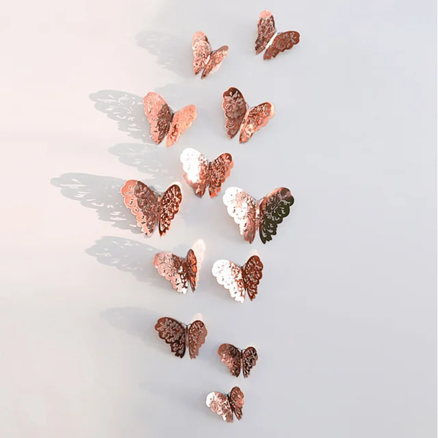 12Pcs 3D Hollow Butterfly Wall Sticker For Home Decoration DIY Wall Stickers For Kids Rooms Party Wedding Decor Butterfly Fridge rose gold1