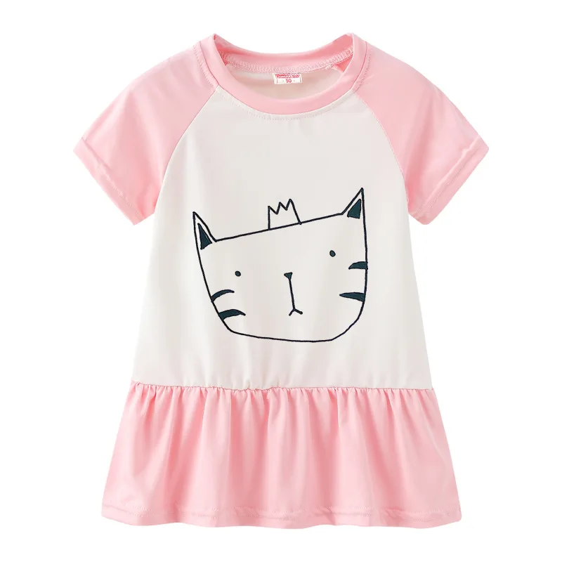 Summer Casual Cat Cartoon Printed Baby Princess Girls Short-Sleeved Dress Pink Patchwork Girls Clothes For 2-7 Years Old