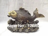 

Free Shipping 00770 8" Chinese Bronze Gilt Animals Sculpture Wealth Coin Lotus Fish Statue